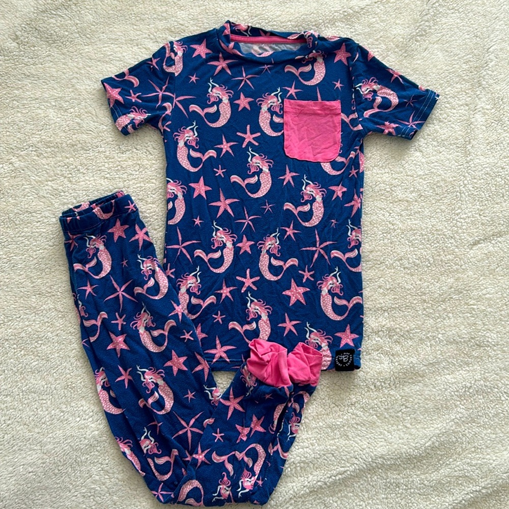 Sweet Bamboo Mermaid Short Sleeve Pajama Set Ocean Blue Sea Soft Star